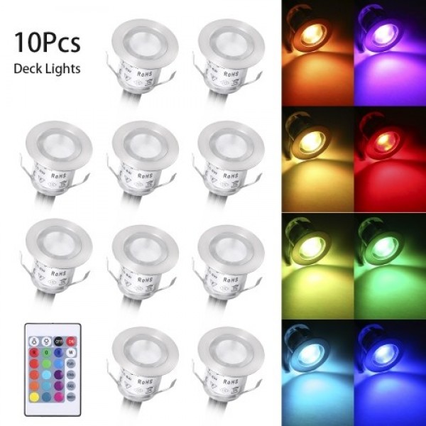 10pcs LED Deck Lights with Remote Control 16 RGBW Colors and 4 Lighting Modes