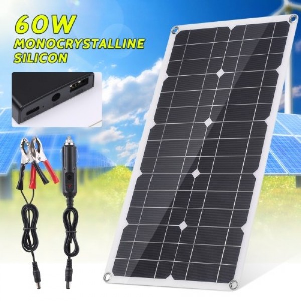 60W Monocrystalline Solar Panel Off Grid High Efficiency Module IP65 Water Resistant for Home RV Car Boat Electronic Device