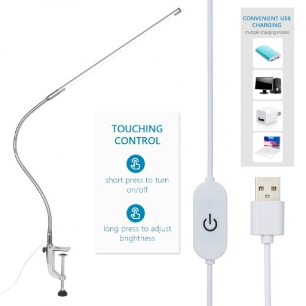 USB Clip-on Desk LampTouching Control White Lighting Dimmable Flexible Lighting Angle LEDs Reading Light