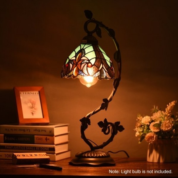 21-inch Table Lamp Stained Glass Lampshade Bedside Desk Lamp with Retro Metal Leaf Thin Base Bulb Excluded