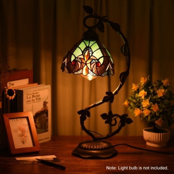 21-inch Table Lamp Stained Glass Lampshade Bedside Desk Lamp with Retro Metal Leaf Thin Base Bulb Excluded