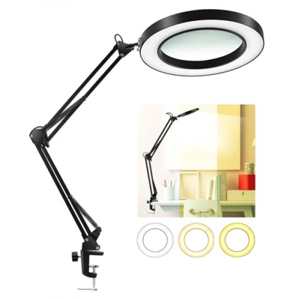 8X Magnifier with LEDs Clamp Clip Light 10 Levels Adjustable Brightness Dimmable 3 Colors Temperature Changing Desk Lamp