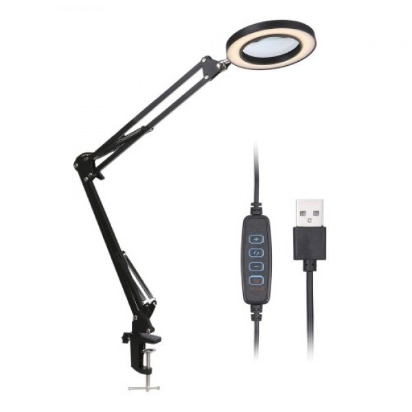 8X Magnifier with LEDs Clamp Clip Light 10 Levels Adjustable Brightness Dimmable 3 Colors Temperature Changing Desk Lamp