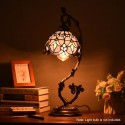 Table Lamp Stained Glass Lampshade Bedside Desk Lamp with Retro Metal Leaf Thin Base 21-inch Tall for Bedroom Living Room LED Bu