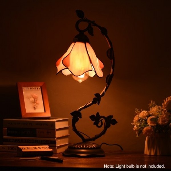 Table Lamp Stained Glass Lampshade Bedside Desk Lamp with Retro Metal Leaf Thin Base 21-inch Tall for Bedroom Living Room LED Bu