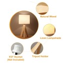 LED Wooden Bedside Lamp Tripod Table Lamp Vintage White Linen Lampshade for Bedroom Living Room E27 Socket(Bulb Not Included)