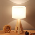 LED Wooden Bedside Lamp Tripod Table Lamp Vintage White Linen Lampshade for Bedroom Living Room E27 Socket(Bulb Not Included)