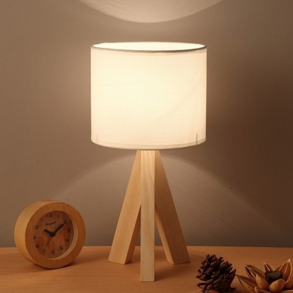 LED Wooden Bedside Lamp Tripod Table Lamp Vintage White Linen Lampshade for Bedroom Living Room E27 Socket(Bulb Not Included)