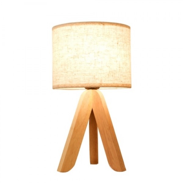 LED Wooden Bedside Lamp Tripod Table Lamp Vintage White Linen Lampshade for Bedroom Living Room E27 Socket(Bulb Not Included)