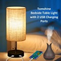 Tomshine Bedside Table Light Pulling Switch Desk Nightstand Lamp with 2 USB Charge Port Round Fabric Shade for Bedroom Living Ro