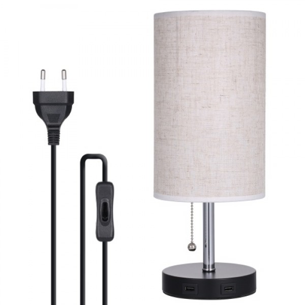 Tomshine Bedside Table Light Pulling Switch Desk Nightstand Lamp with 2 USB Charge Port Round Fabric Shade for Bedroom Living Ro