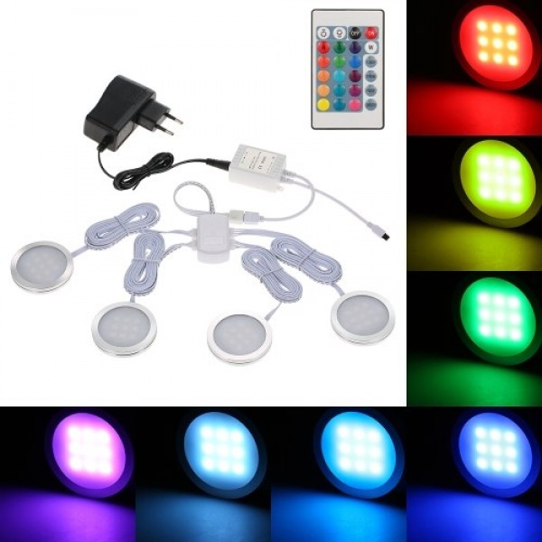 4PCS Slim Round Shape RGB LED Cabinet Light Kit