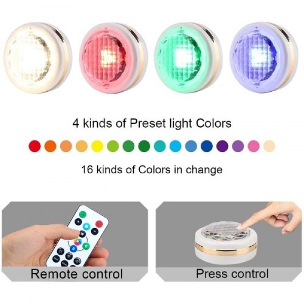 Batterys Operated Under Cabinet Lights Dimmable LEDs Puck Light with Remote for Kitchen RGBW Colors Changing Closet Lights Under