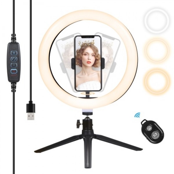 10.2 Inches LEDs Circle Round Light Selfie Lamp with BT Connected Remote Control Controller USB Powered Operated 3 Colors Temper