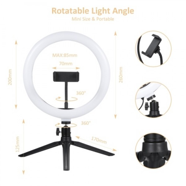 10.2 Inches LEDs Circle Round Light Selfie Lamp with BT Connected Remote Control Controller USB Powered Operated 3 Colors Temper