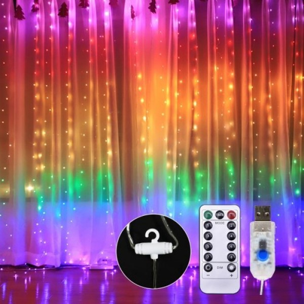 10 X 9 FT 280LEDs Rainbow Curtain String Lights Colorful Curtain Fairy Lights Christmas Decorative Hanging Lights Copper Wire Wa