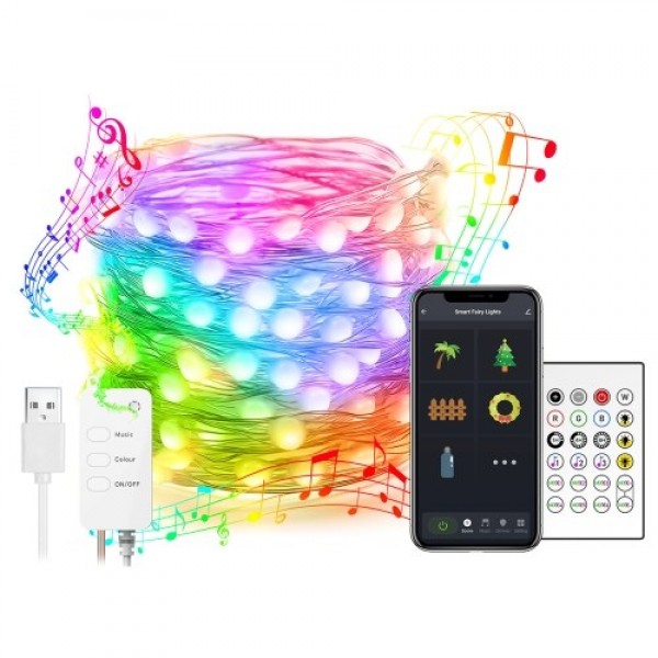 Wi-Fi BT Smart USB Copper Wire Light LEDs String Light 16 Million Color App Voice Control RGB Musical Sync Lights for Indoor Hom