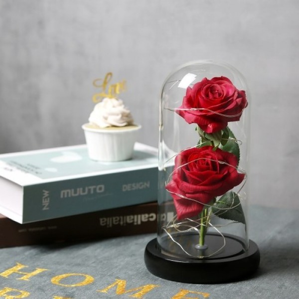 Artificial Rose in Glass Dome with Gift Box with LED Lights