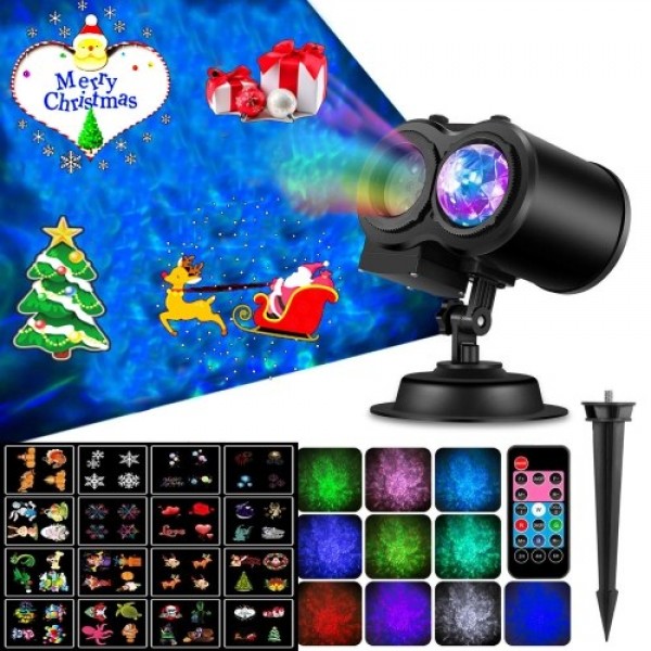 2 in 1 Projector Light Remote Control 10 Colors Water Wave 16 Slide Patterns for Halloween Christmas