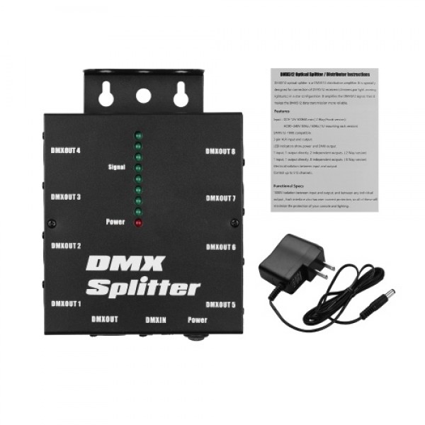 DMX512 Optical Signal Amplifier Spliter Distributor 1 Direct Input &amp; Output 8 Independent Outputs