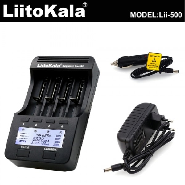 LiitoKala Lii-500 4 Slots LCD Smartest Battery Charger Kit with Car Charger EU Adapter