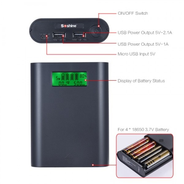 Soshine E3S Portable LCD Display 4 Slots 18650 Battery External Charger Holder Box Case DIY Power Pack Kit Compact Backup Power 