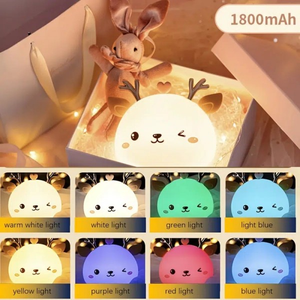 Baby Bed Lamp, Christmas Gift, Mini Night Light Novelty Little Cute Deer Silicone Beat Light Birthday Gift, Chargeable [1800mAh 